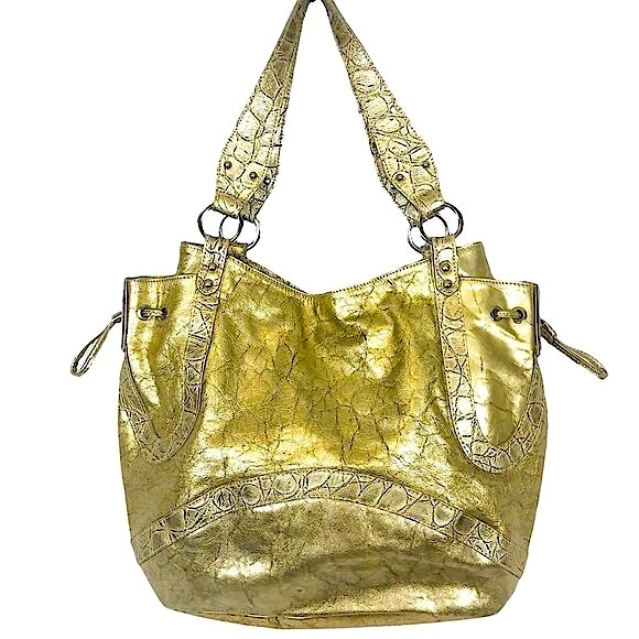 RIPANI Metallic Soft Gold Reptile Embossed Italian Patent Leather Zipper Tote - Picture 4 of 11